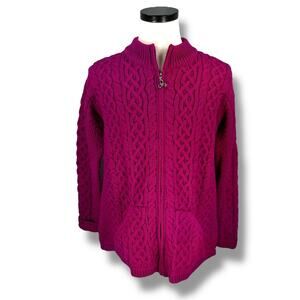Aran Crafts Sweater Women's XL Raspberry Cable Knit Wool Irish Full Zip Jacket